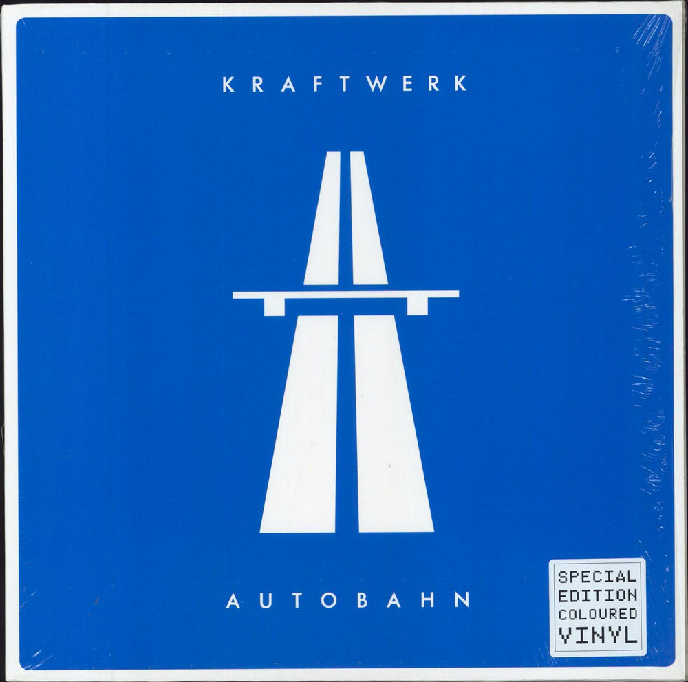 Kraftwerk Autobahn - Blue Vinyl + English Hype Sticker + Shrink UK vinyl LP album (LP record) 5099996601419