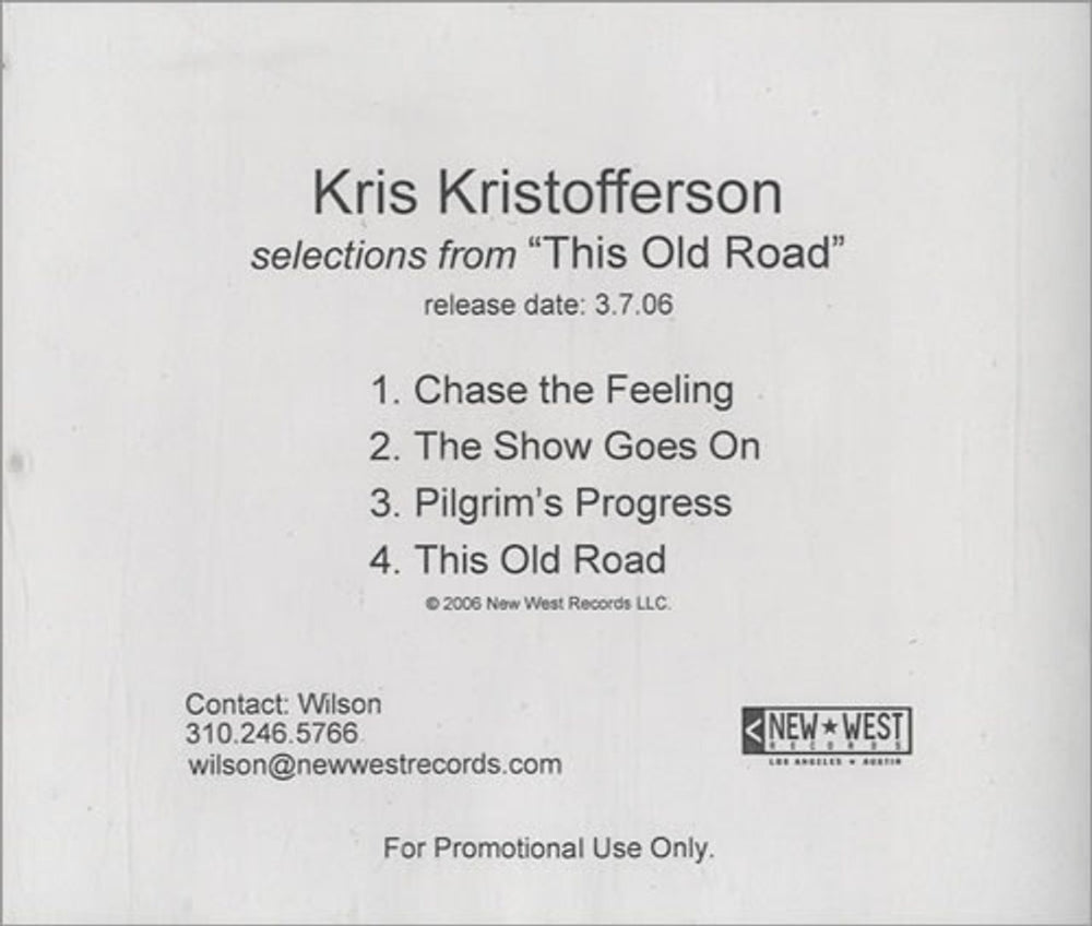 Kris Kristofferson Selections From This Old Road US Promo CD-R acetate CDR ACETATE