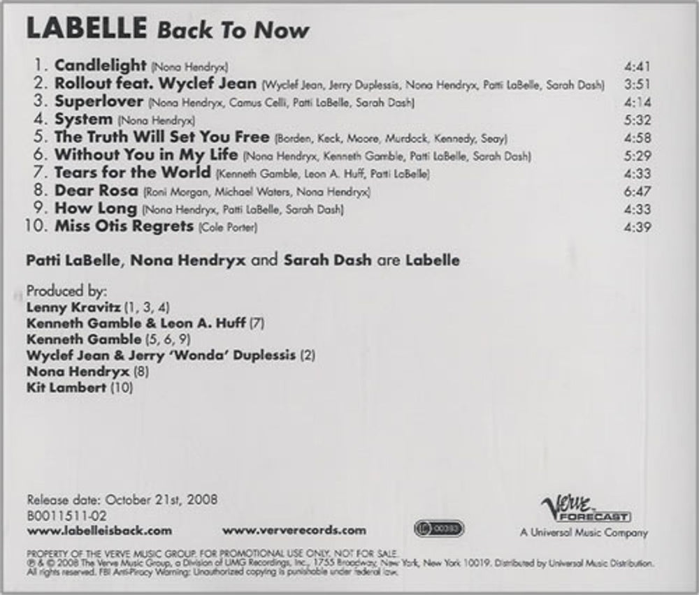 Labelle Back To Now US Promo CD album (CDLP) CDR ACETATE