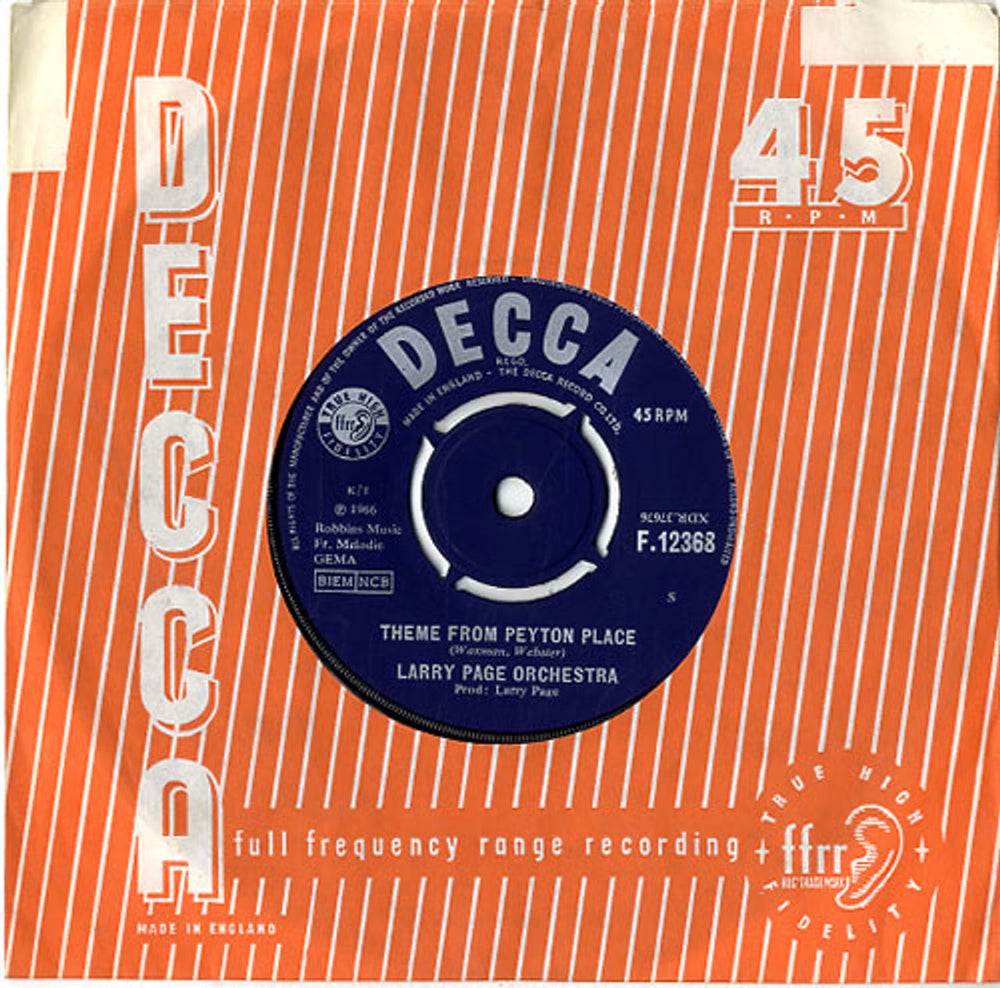 Larry Page Theme From Peyton Place UK 7" vinyl single (7 inch record / 45) F.12368