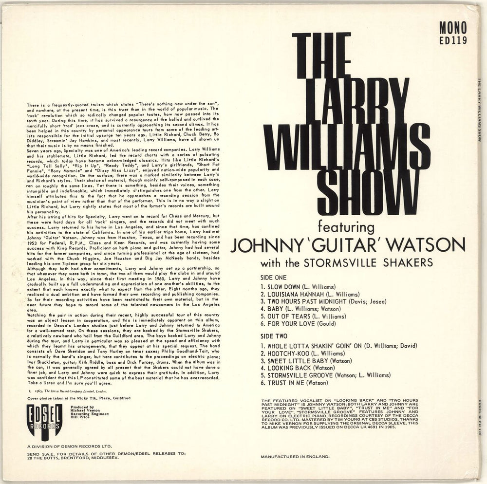 Larry Williams & Johnny Watson The Larry Williams Show UK vinyl LP album (LP record)