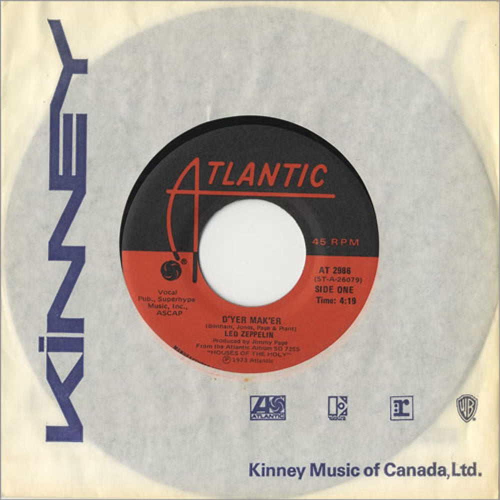 Led Zeppelin D'Yer Maker Canadian 7" vinyl single (7 inch record / 45) AT2986