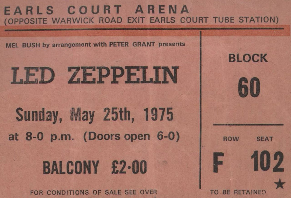 Led Zeppelin Earl's Court 75 + 25th Ticket UK tour programme