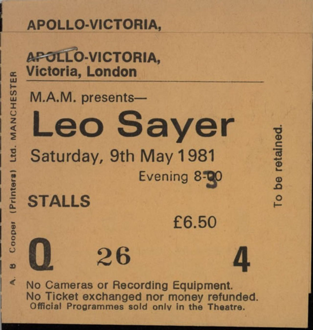 Leo Sayer World Tour + Poster & Ticket Stub UK tour programme LSYTRWO370658