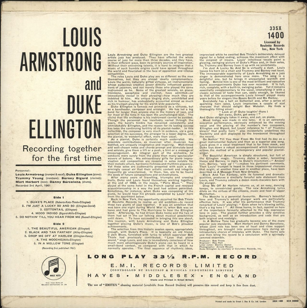 Louis Armstrong & Duke Ellington Louis Armstrong & Duke Ellington UK vinyl LP album (LP record)