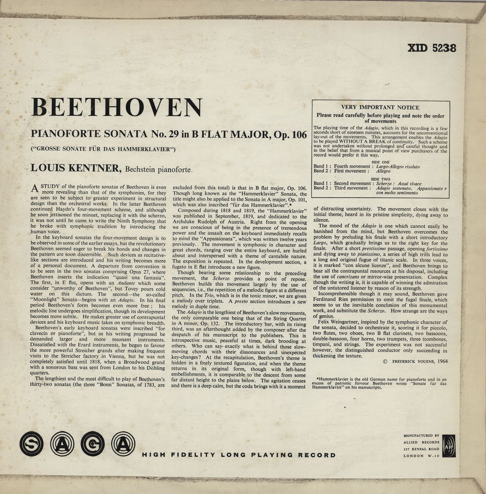 Louis Kentner Beethoven: 'Hammerklavier' Sonata in B Flat Major, Opus 106 UK vinyl LP album (LP record)