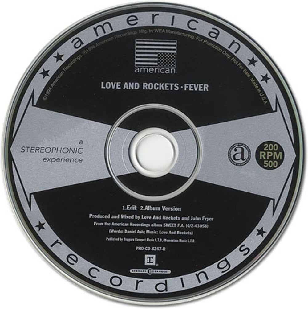 Love & Rockets Fever US Promo CD single (CD5 / 5") PRO-CD-8247