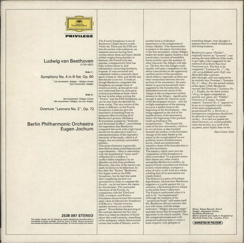 Ludwig Van Beethoven Beethoven: Symphonie Nr.4 B-Dur Op.60 • Leonoren Ouvertüre Nr. II UK vinyl LP album (LP record)