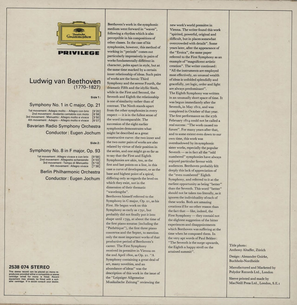 Ludwig Van Beethoven Beethoven: Symphony No. 1 in C major & No. 8 in F major UK vinyl LP album (LP record)