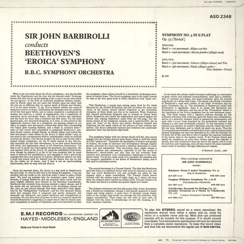 Ludwig Van Beethoven "Eroica" Symphony No. 3 In E Flat, Op. 55 - 1st UK vinyl LP album (LP record)