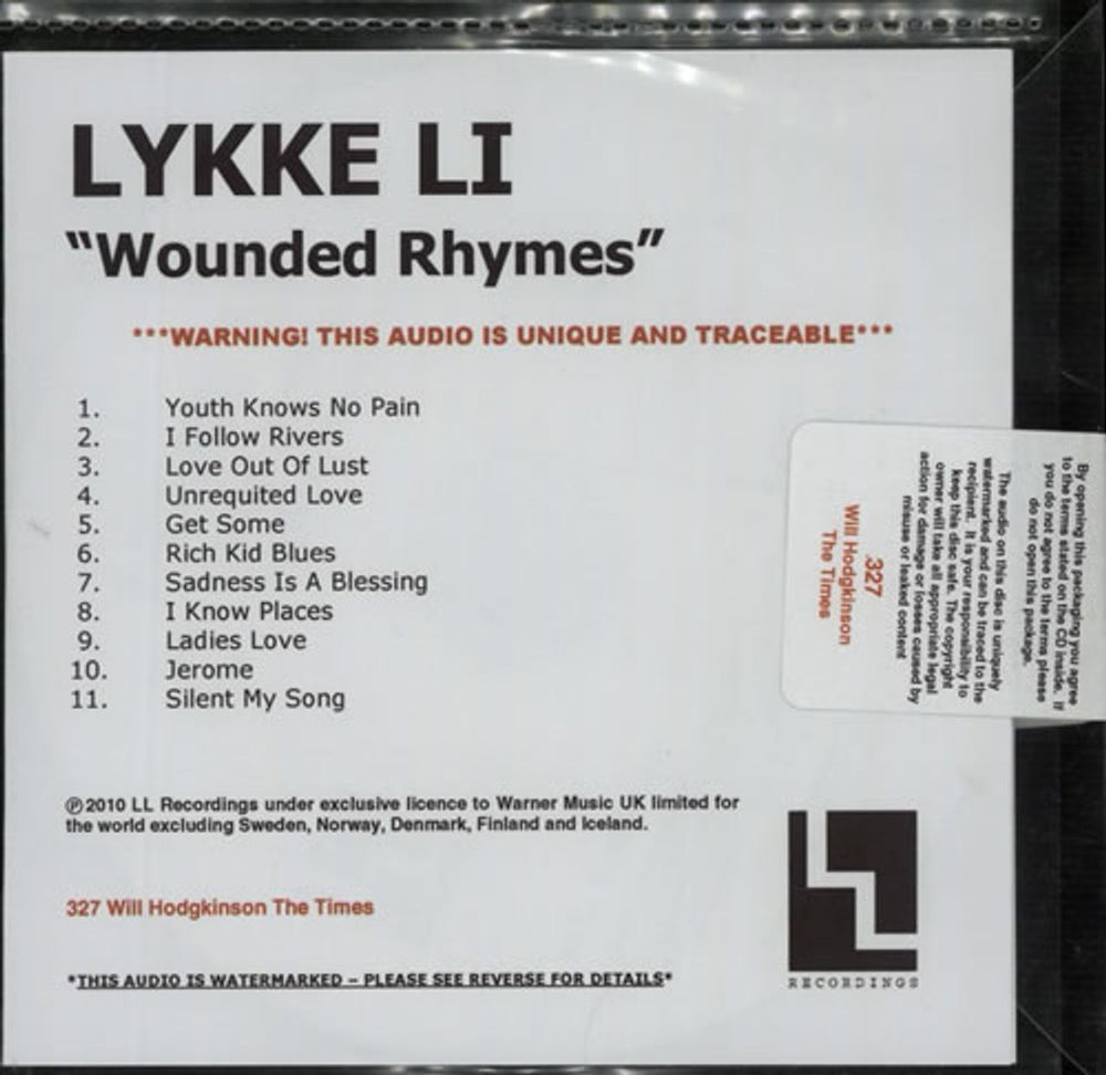 Lykke Li Wounded Rhymes UK Promo CD-R acetate CD-R