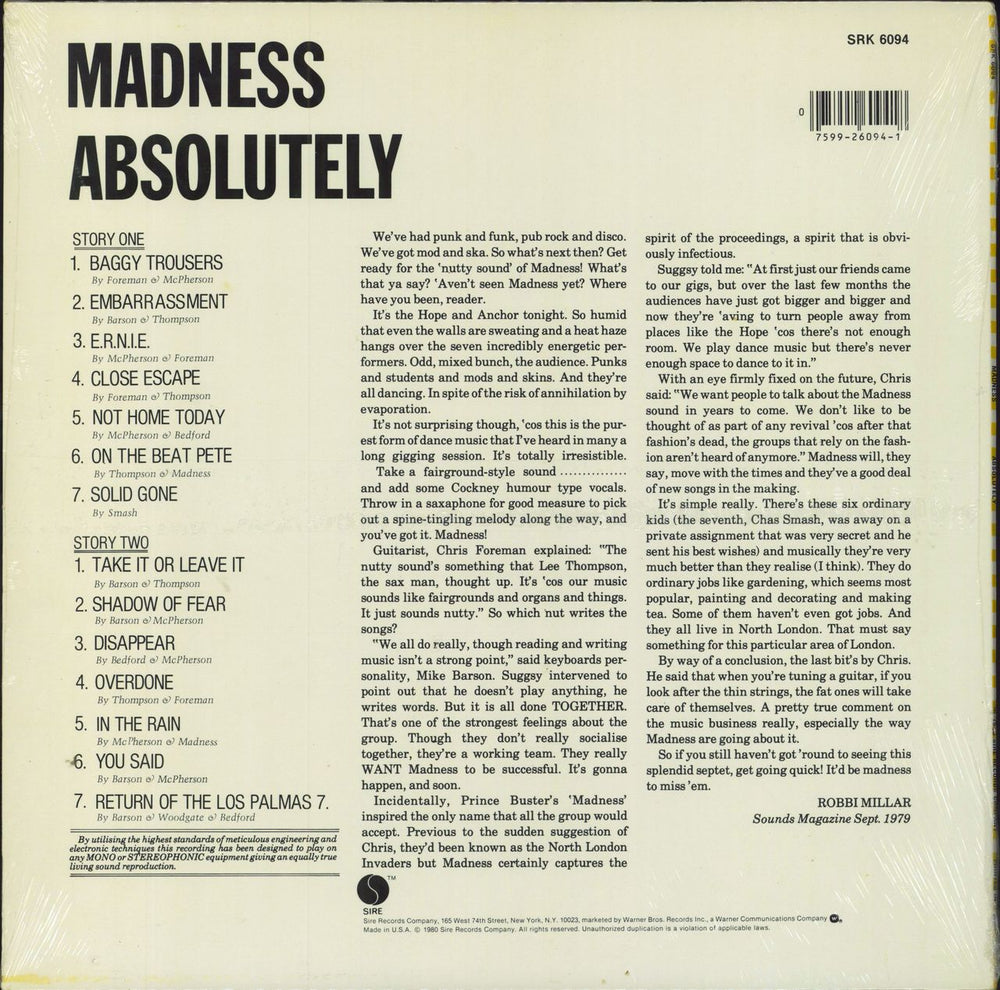 Madness Absolutely - Sealed US vinyl LP album (LP record) 075992609418