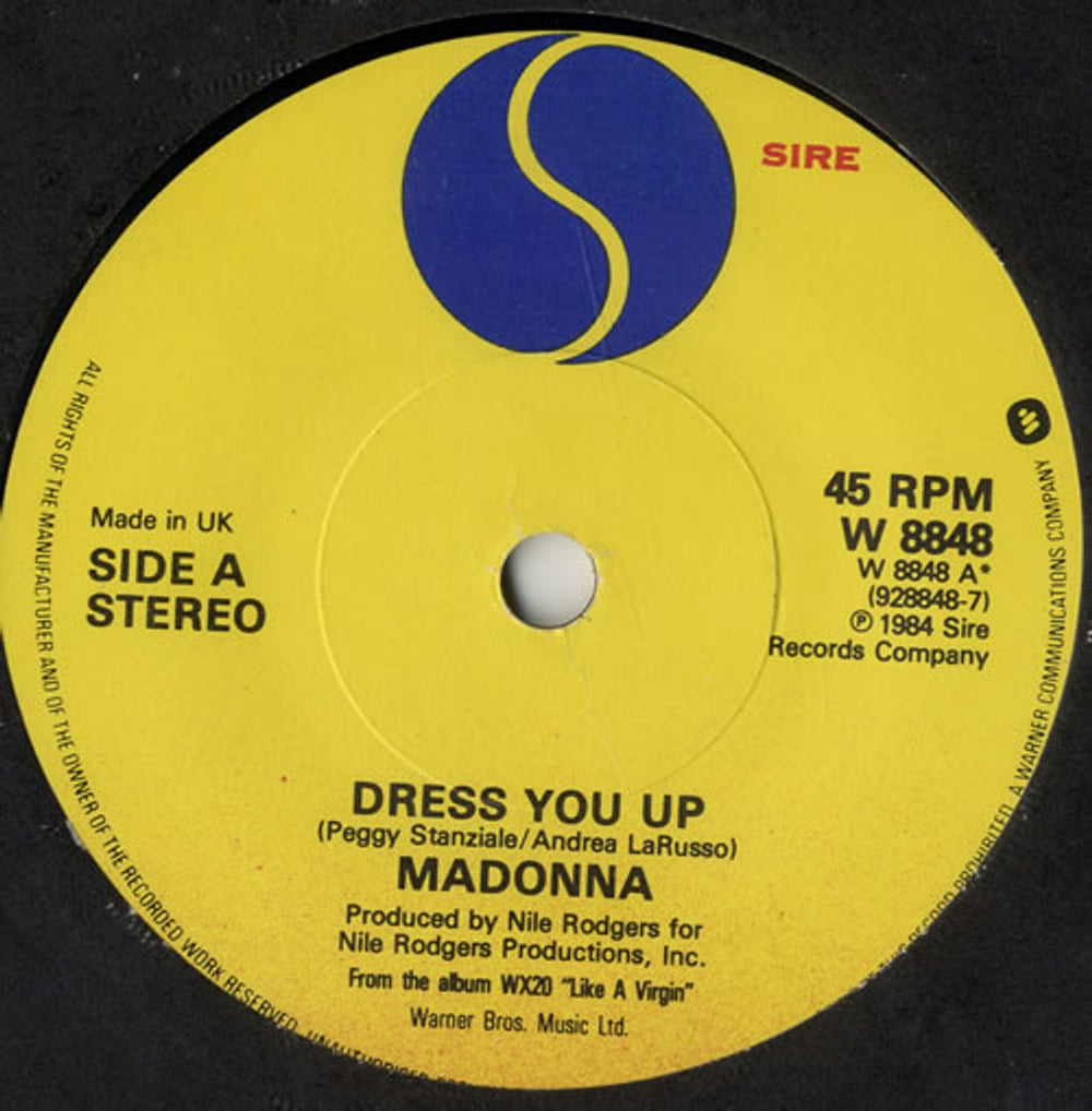 Madonna Dress You Up - Solid + Large Sire logo UK 7" vinyl single (7 inch record / 45) W8848