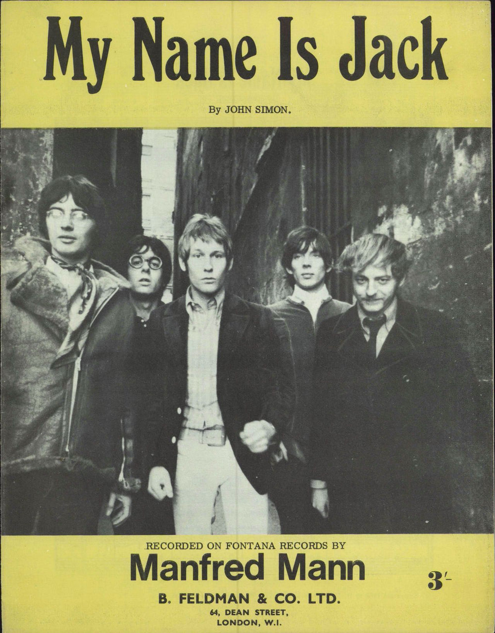 Manfred Mann My Name Is Jack UK sheet music SHEET MUSIC