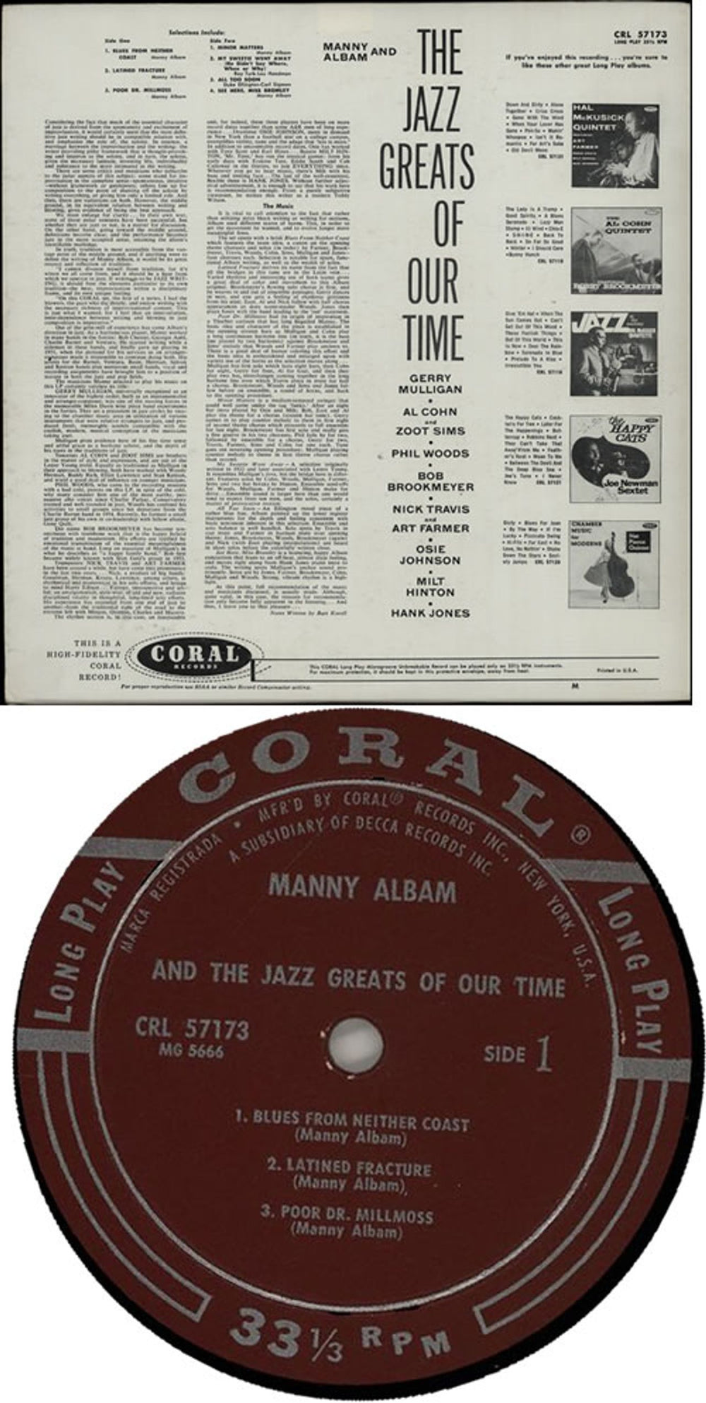 Manny Albam And The Jazz Greats Of Our Time Vol. 1 US vinyl LP album (LP record) AL9LPAN633831