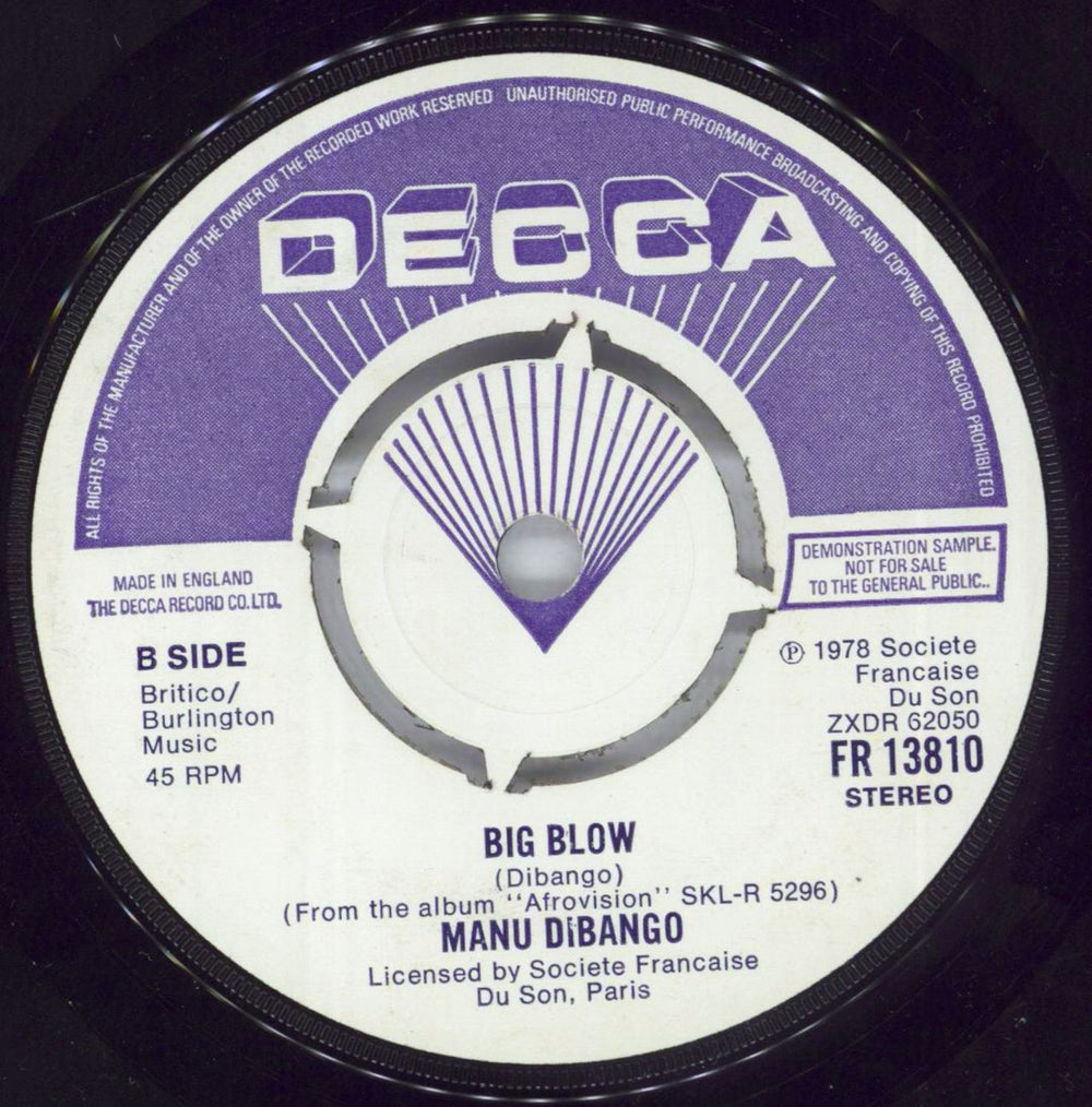 Manu Dibango Sun Explosion  UK Promo 7" vinyl single (7 inch record / 45) 3MD07SU636831