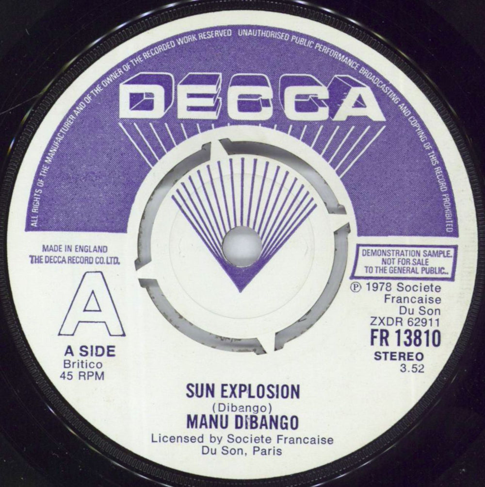 Manu Dibango Sun Explosion  UK Promo 7" vinyl single (7 inch record / 45) FR13810