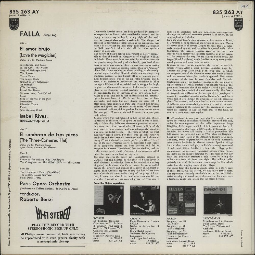 Manuel De Falla El Amor Brujo / El Sombrero De Tres Picos - sample Dutch vinyl LP album (LP record)