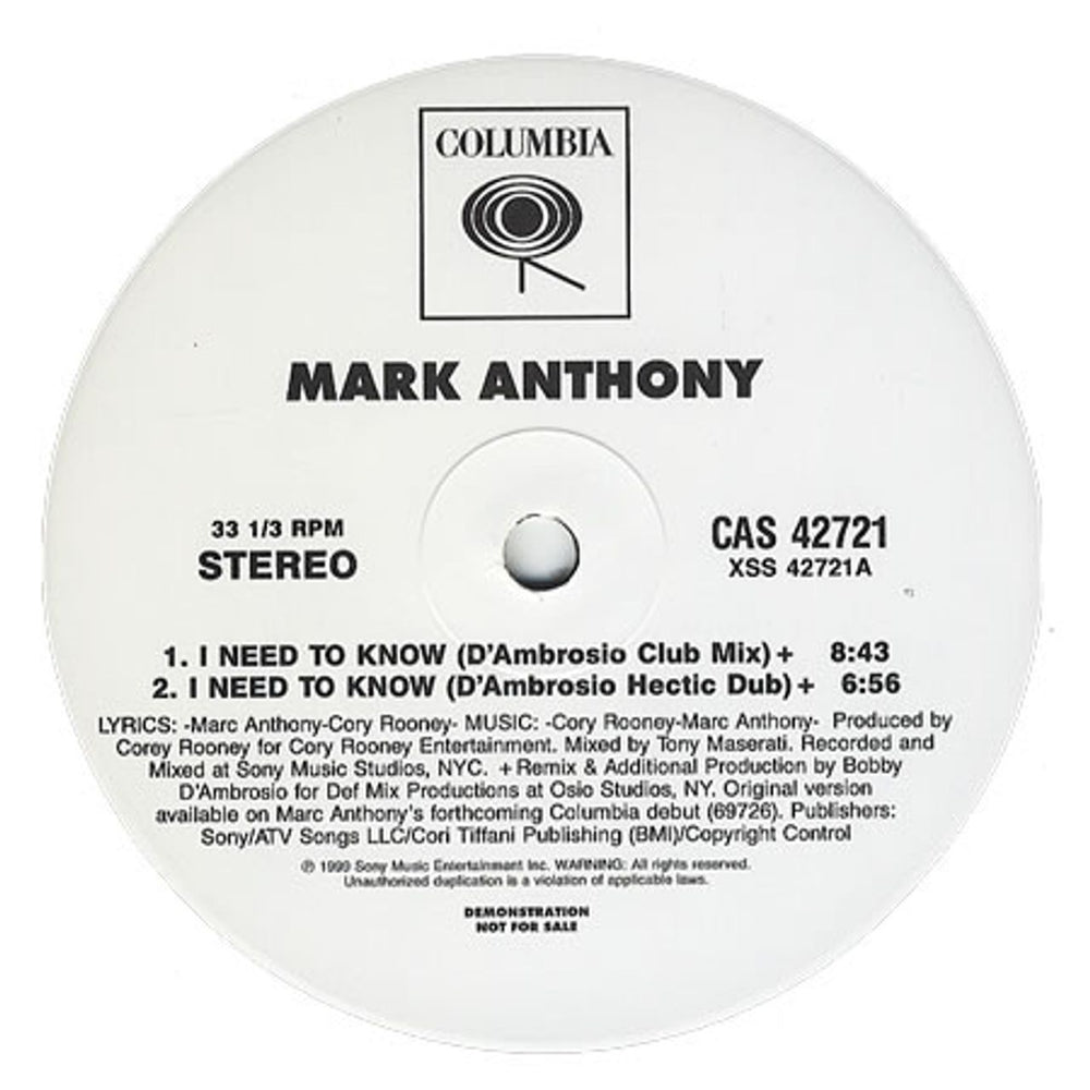 Marc Anthony I Need To Know US Promo 12" vinyl single (12 inch record / Maxi-single) CAS42721