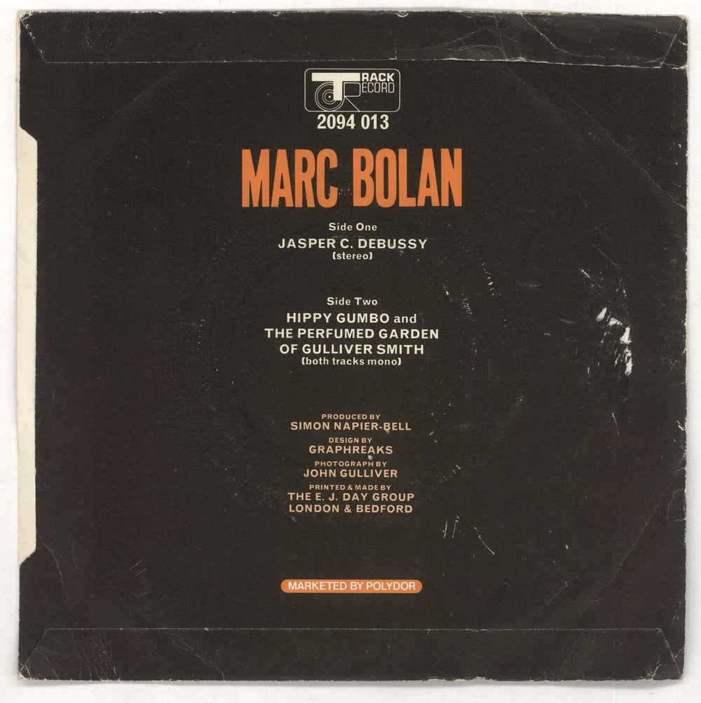 Marc Bolan Jasper C. Debussy - 4 prong - Stickered Sleeve UK 7" vinyl single (7 inch record / 45) MAB07JA732287