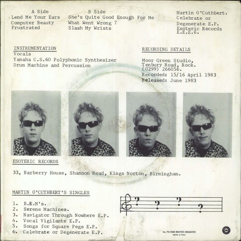 Martin O'Cuthbert Celebrate Or Degenerate E.P. UK 7" vinyl single (7 inch record / 45)