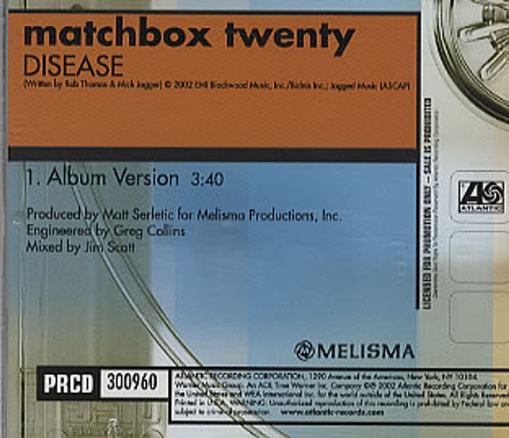 Matchbox 20 Disease US Promo CD single (CD5 / 5") PRCD300960