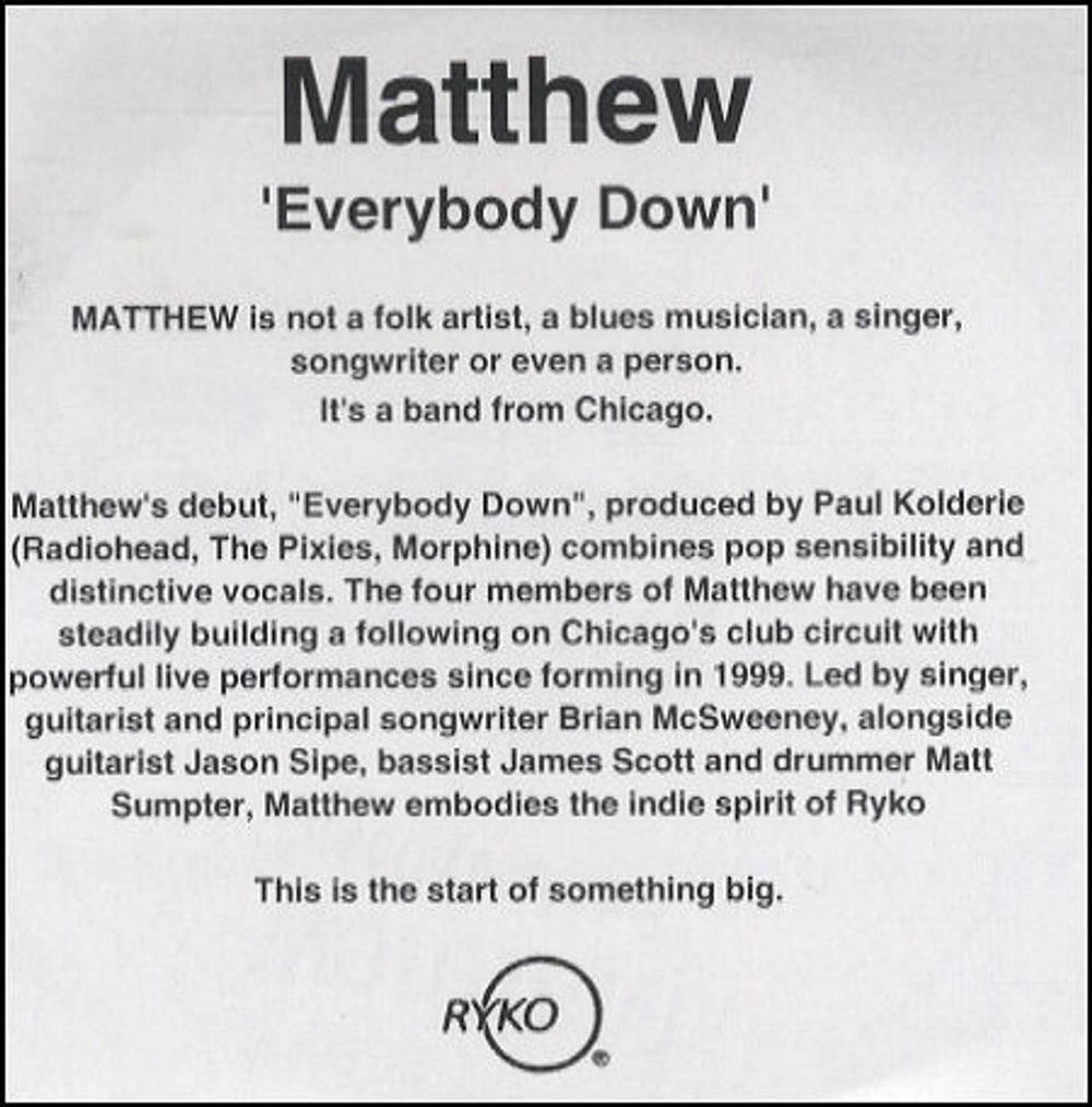 Matthew Everybody Down UK Promo CD-R acetate CD-R ACETATE