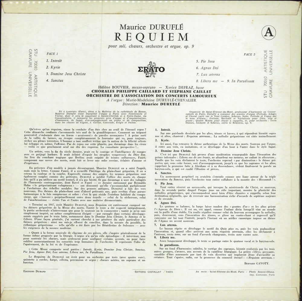 Maurice Duruflé Requiem De Duruflé (Pour Soli, Chœurs, Orchestre & Orgue) French vinyl LP album (LP record)