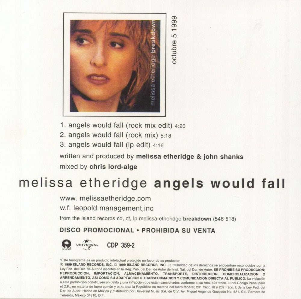 Melissa Etheridge Angels Would Fall Mexican Promo CD single (CD5 / 5")