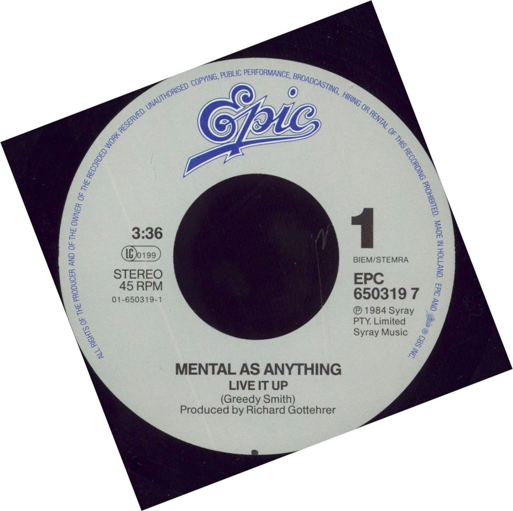 Mental As Anything Live It Up Dutch 7" vinyl single (7 inch record / 45)