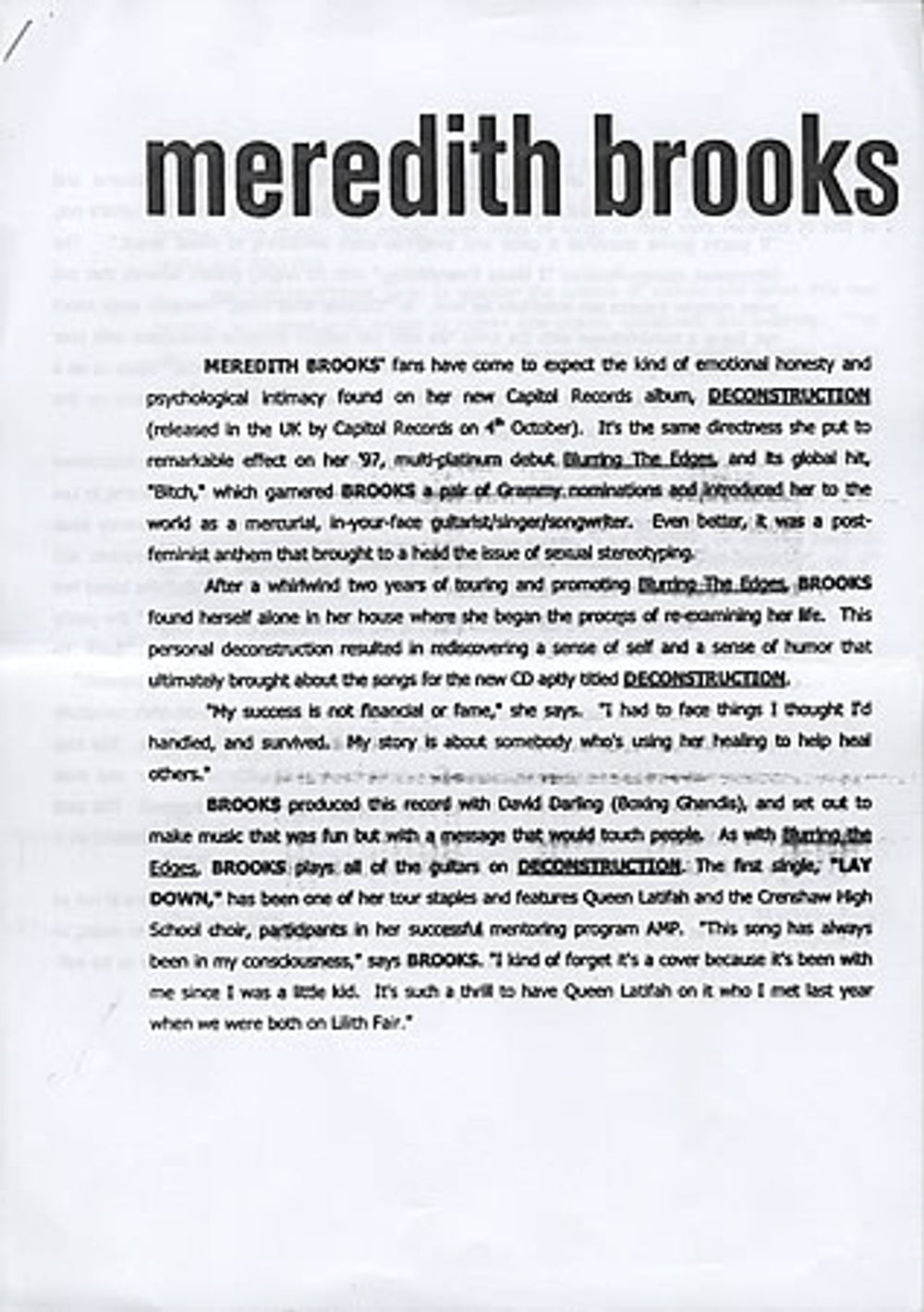 Meredith Brooks Deconstruction UK Promo media press pack PRESS PACK