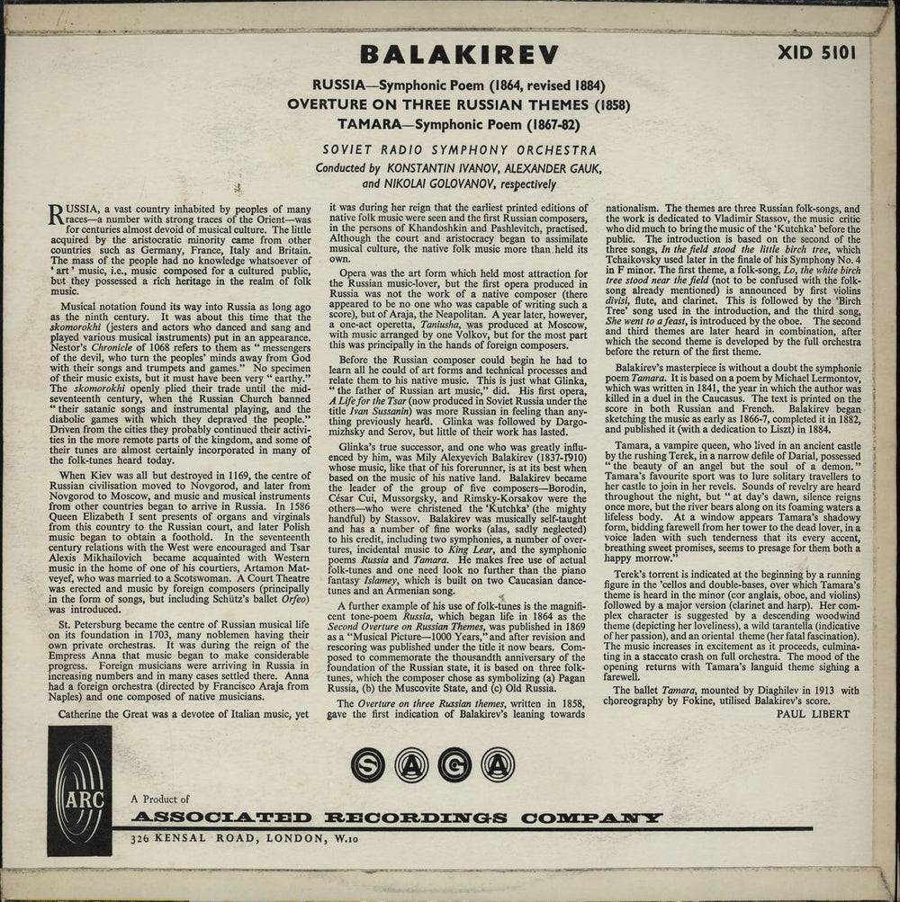 Mily Balakirev Russia / Overture On Three Russian Themes / Tamara UK vinyl LP album (LP record)