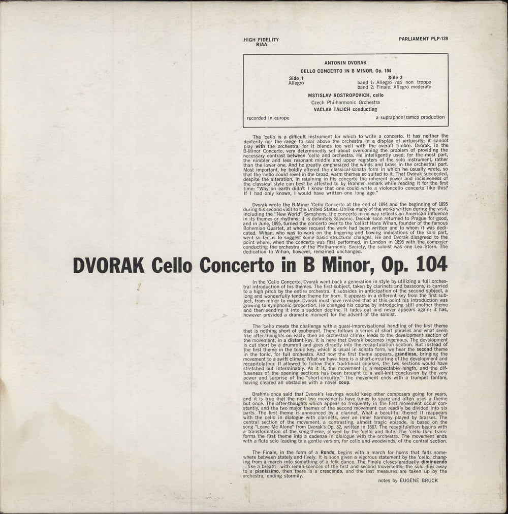 Mstislav Rostropovich Dvorák: Cello Concerto in B Minor, Op.104 US vinyl LP album (LP record)