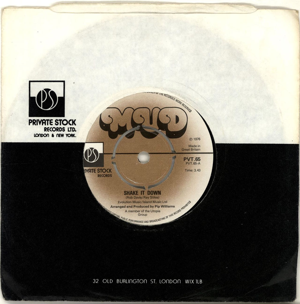 Mud Shake It Down UK 7" vinyl single (7 inch record / 45) PVT65