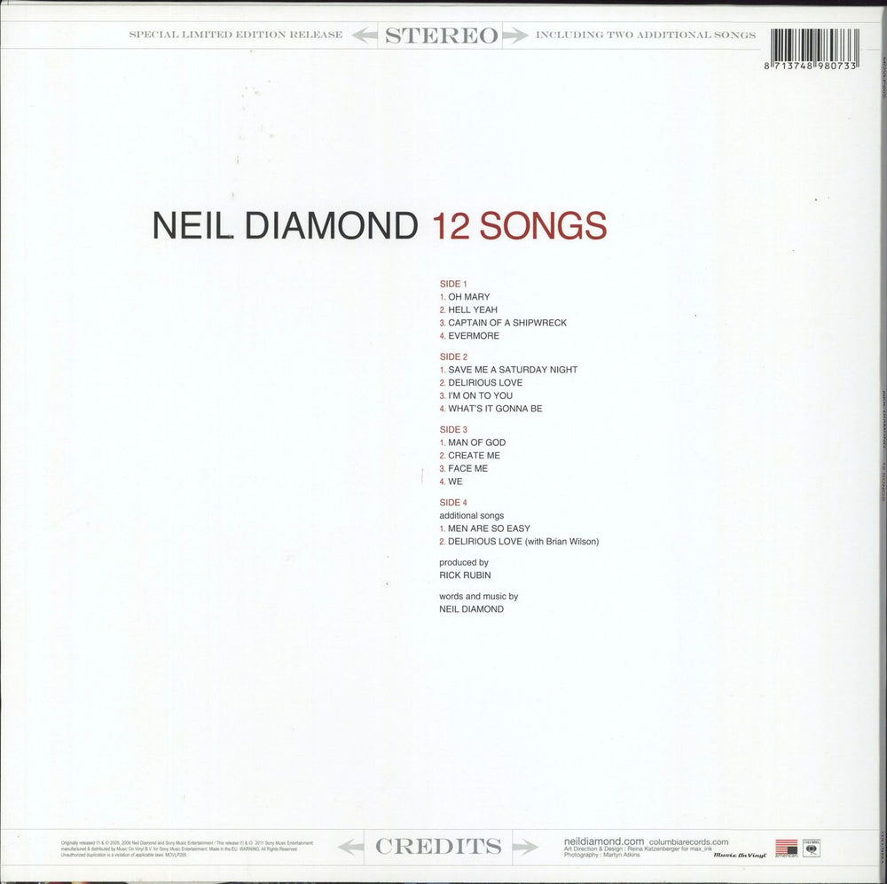 Neil Diamond 12 Songs - 180gm Vinyl UK 2-LP vinyl record set (Double LP Album) 8713748980733