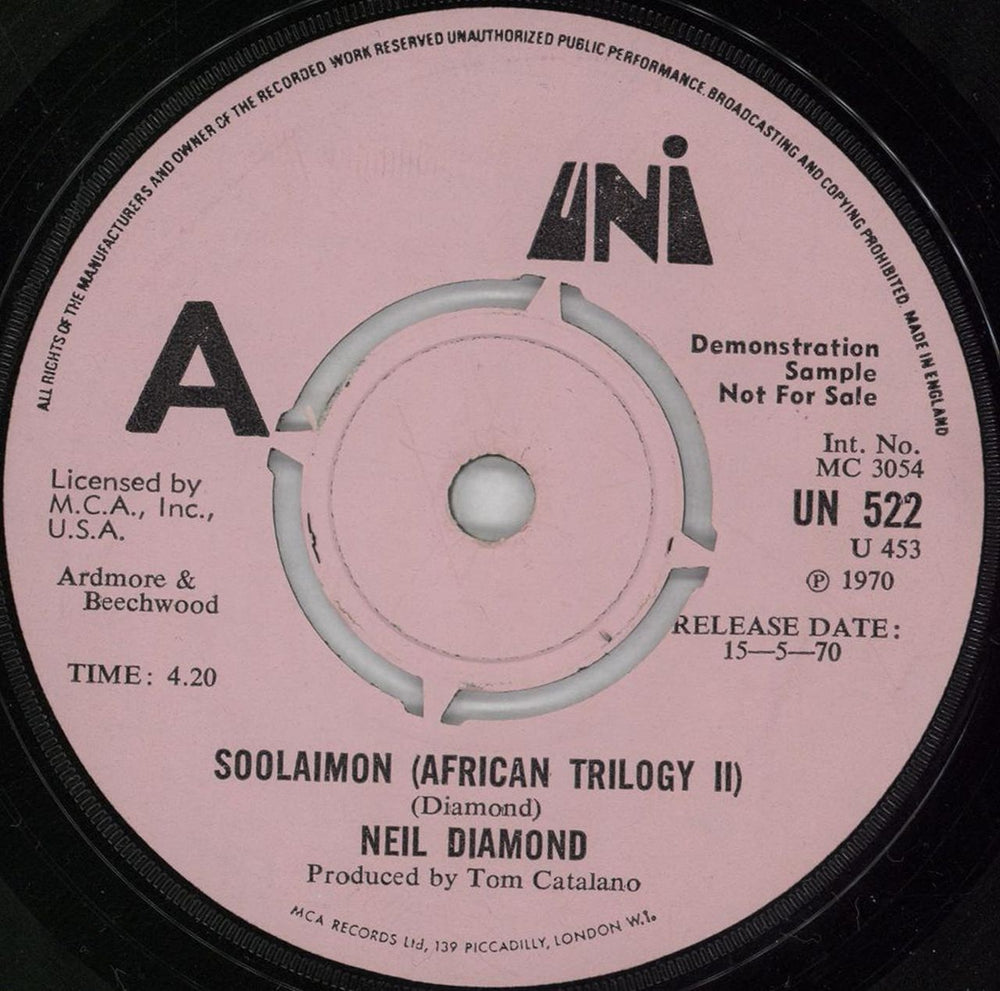 Neil Diamond Soolaimon (African Trilogy II) - A Label UK Promo 7" vinyl single (7 inch record / 45) UN522