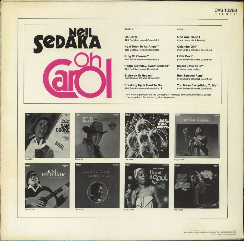 Neil Sedaka Oh Carol German vinyl LP album (LP record)