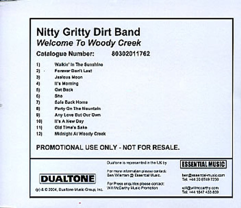 Nitty Gritty Dirt Band Welcome To Woody Creek UK Promo CD-R acetate 80302011762