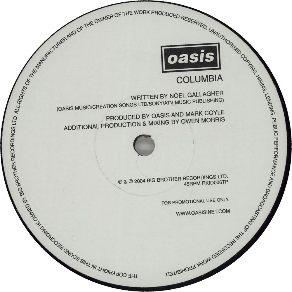 Oasis Columbia UK Promo 12" vinyl single (12 inch record / Maxi-single) RKID006TP