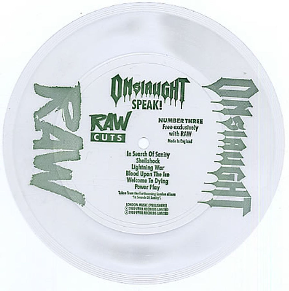 Onslaught Speak! UK Promo 7" vinyl single (7 inch record / 45) FLEXI-DISC