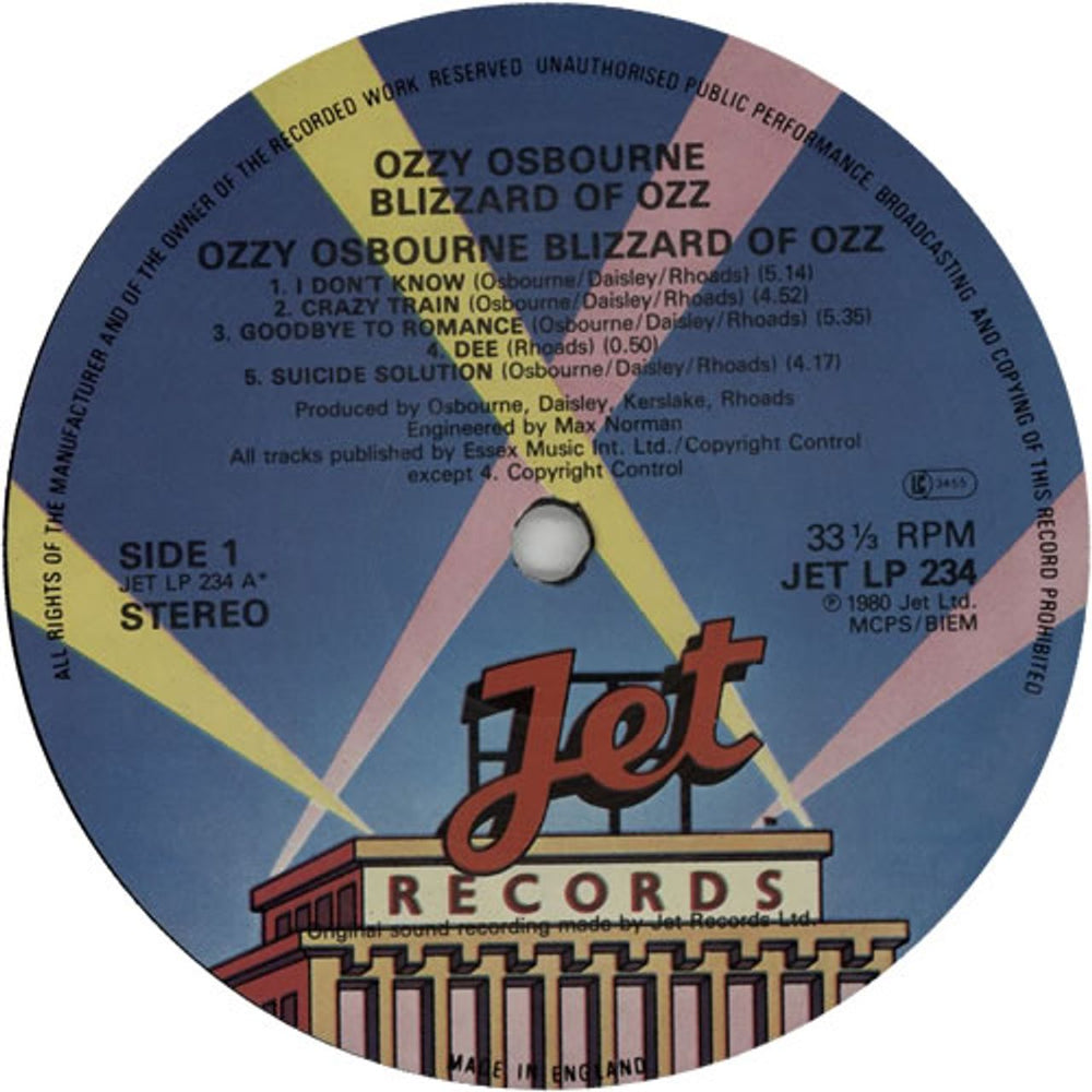 Ozzy Osbourne Blizzard Of Ozz - Jet Labels UK vinyl LP album (LP record) OZZLPBL625930