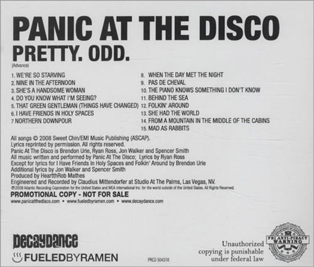 Panic At The Disco Pretty. Odd. US Promo CD album (CDLP) PRCD504316