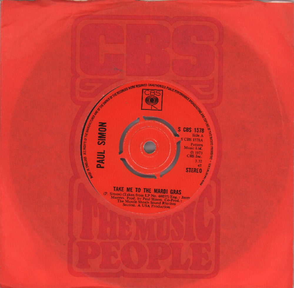 Paul Simon Take Me To The Mardi Gras - 4 Prong UK 7" vinyl single (7 inch record / 45) CBS1578