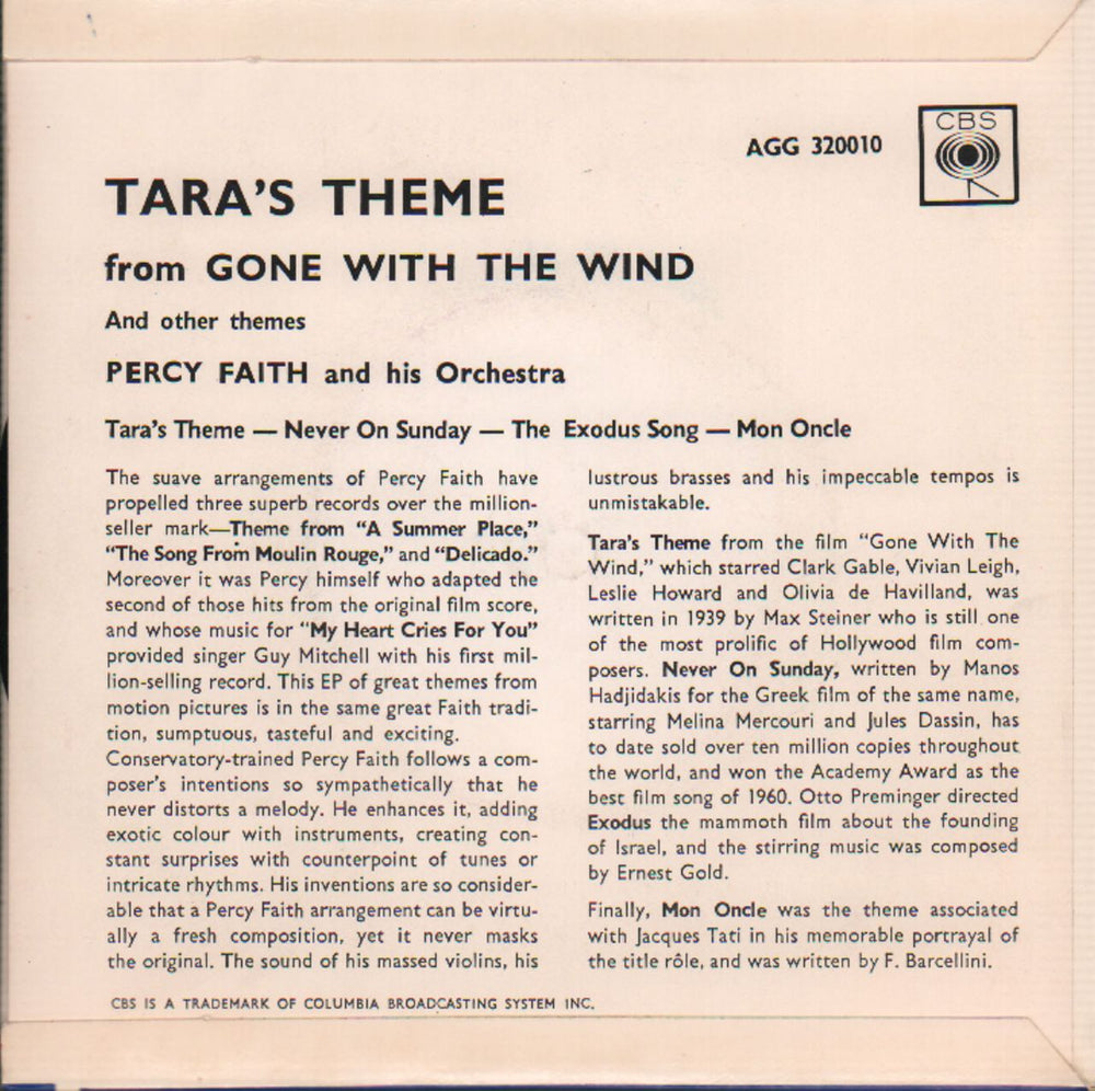 Percy Faith (Jazz) Tara's Theme From Gone With The Wind UK 7" vinyl single (7 inch record / 45) PFH07TA646423