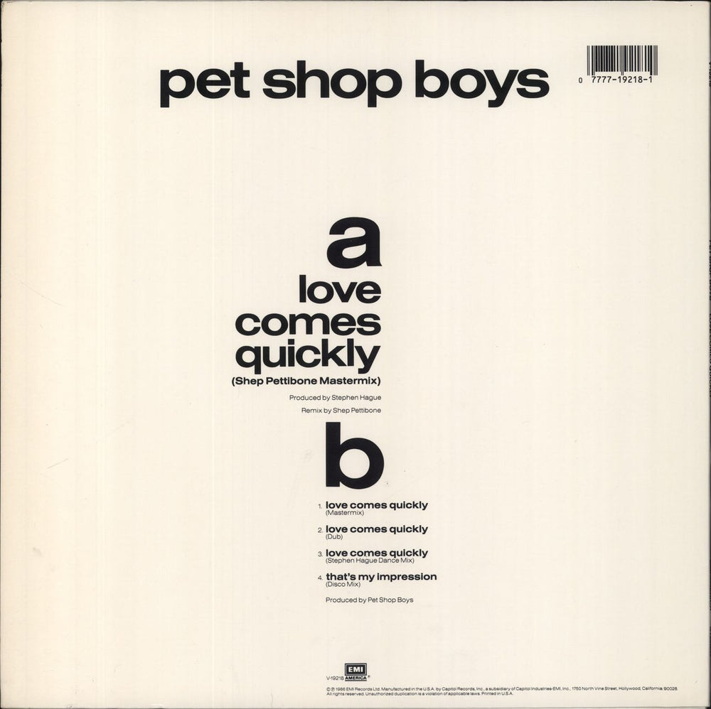 Pet Shop Boys Love Comes Quickly US 12" vinyl single (12 inch record / Maxi-single) 077771921810