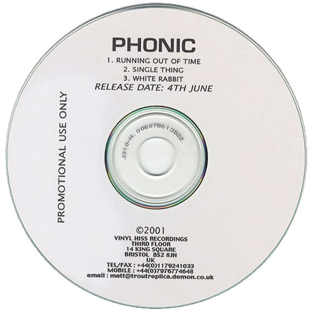 Phonic Running Out Of Time UK Promo CD-R acetate CD-R ACETATE