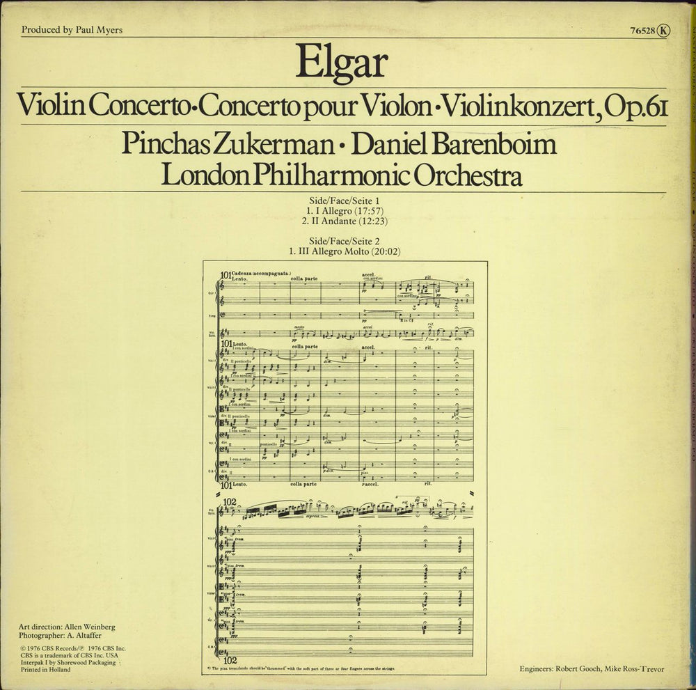 Pinchas Zukerman Elgar: Violin Concerto German vinyl LP album (LP record)