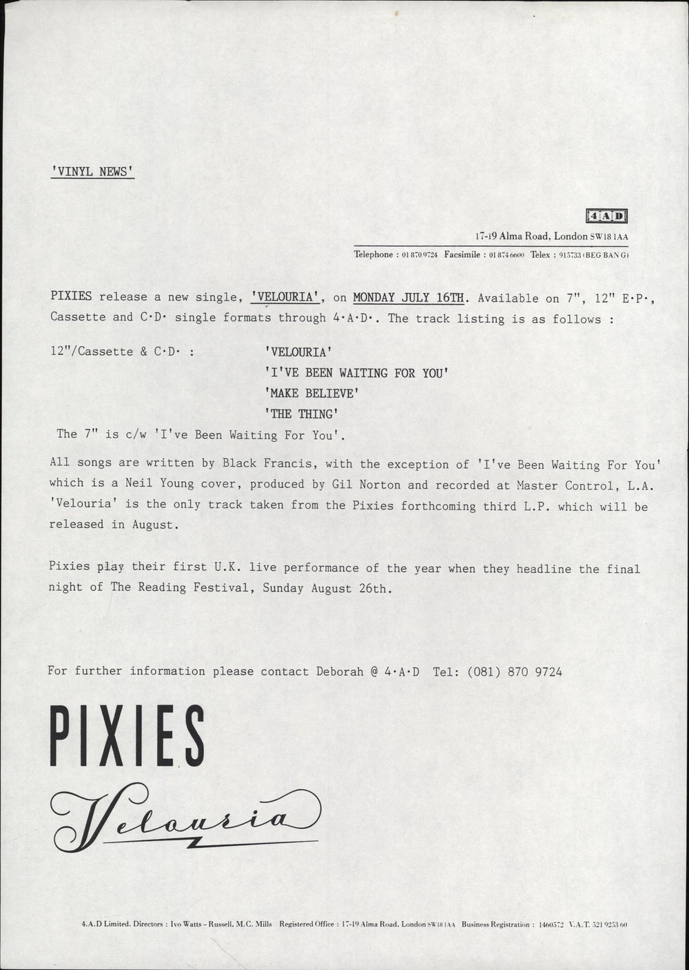 Pixies Velouria - White label + Press release UK Promo 12" vinyl single (12 inch record / Maxi-single)