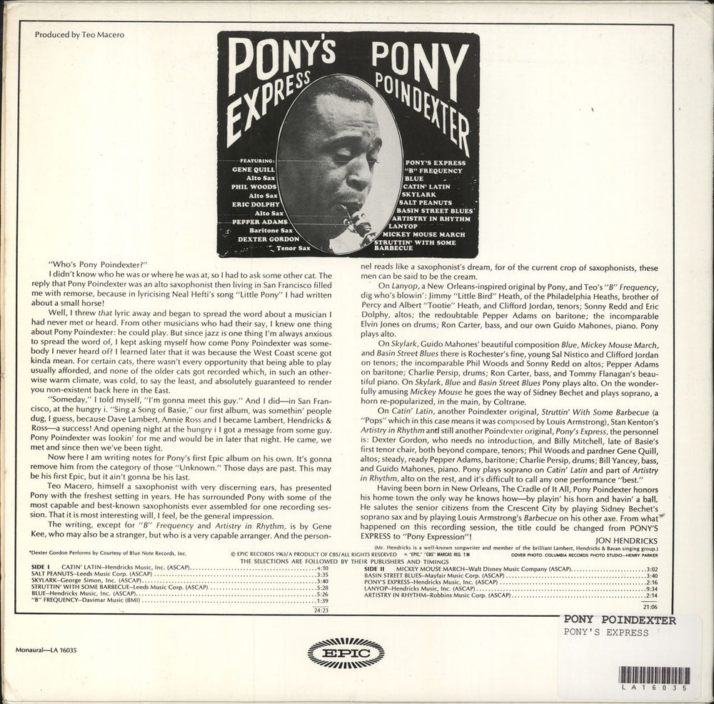 Pony Poindexter Pony's Express US vinyl LP album (LP record)