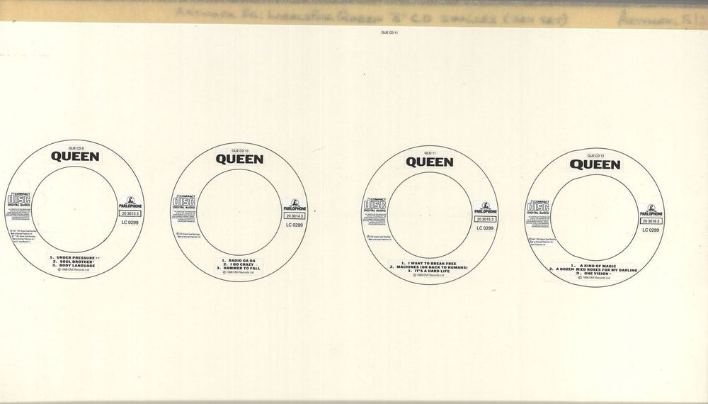 Queen The Queen 3" CD Single Labels QUECD9-QUECD12 UK artwork